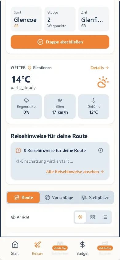 WayVenture on-the-road view with daily overview and activity suggestions