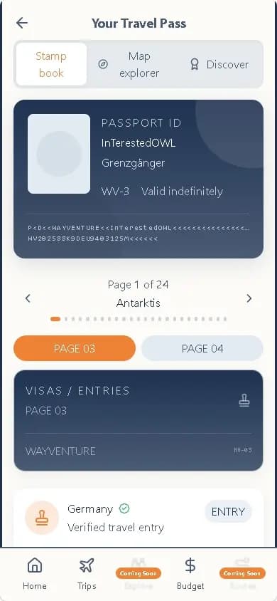 WayVenture travel passport with country stamps